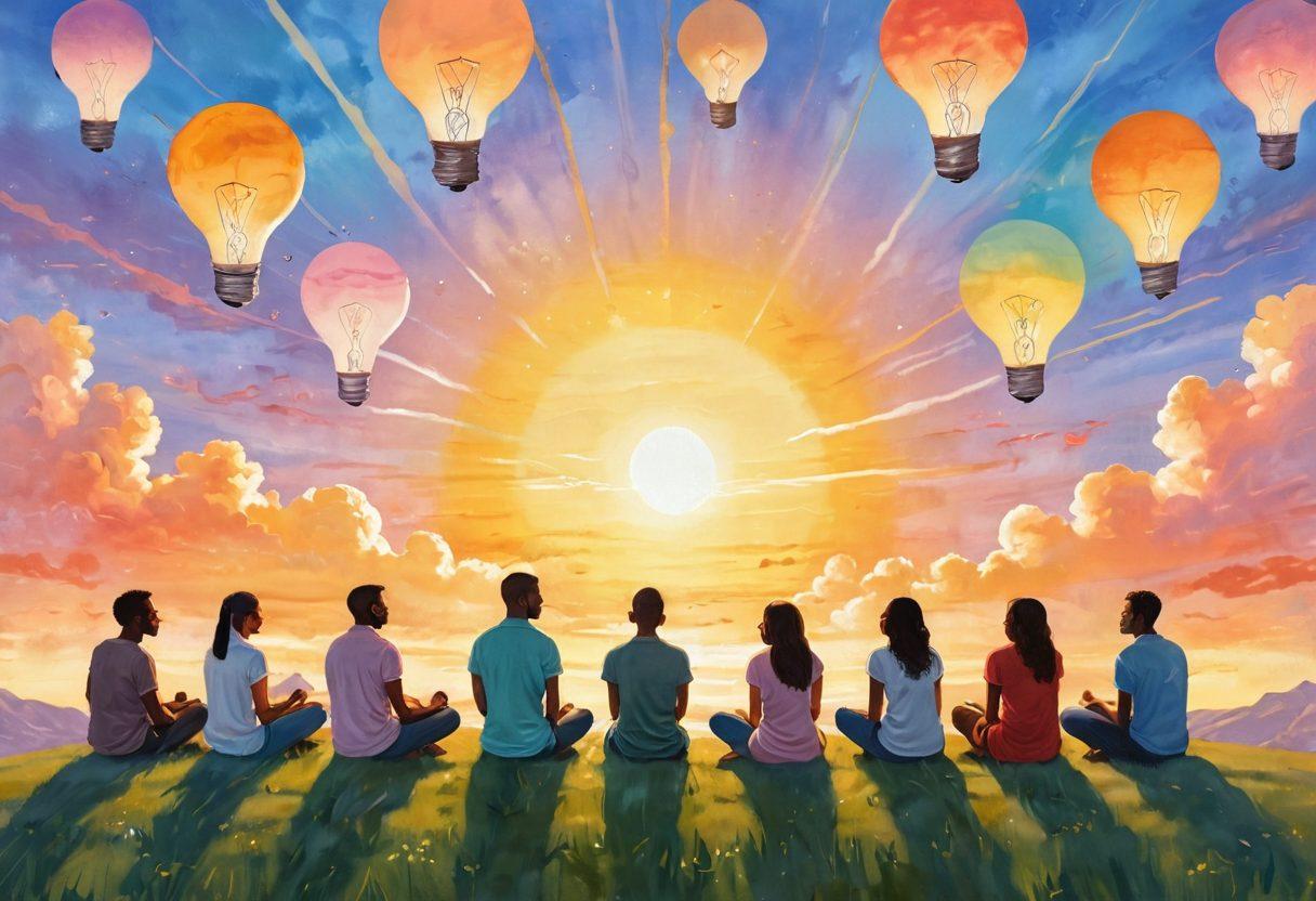A serene landscape depicting a group of diverse people engaged in a heartfelt discussion under a radiant sun, symbolizing honest understanding and collective awareness. Surround them with floating lightbulbs representing uplifting insights, and include subtle illustrations of interconnected thoughts in the air. The sky should have warm pastel colors to evoke a sense of hope and positivity. soft painting. vibrant colors.
