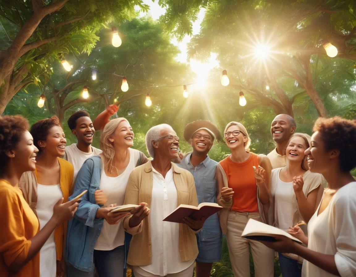 A diverse group of people of all ages and backgrounds, joyfully engaging in a community gathering, surrounded by lush greenery, sharing books and ideas, with bright smiles and open gestures. Include elements like a sun shining overhead to signify optimism and knowledge represented through floating lightbulbs. super-realistic. vibrant colors. warm atmosphere.