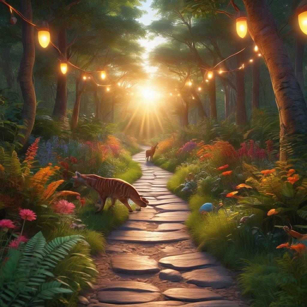 A radiant sunrise illuminating a winding path through a vibrant, lush forest filled with diverse flora and playful animals, symbolizing a journey of discovery and joy. Alongside the path, glowing light bulbs represent uplifting insights and genuine knowledge. A person joyfully walking, surrounded by ethereal sparkles. super-realistic. vibrant colors. 3D.